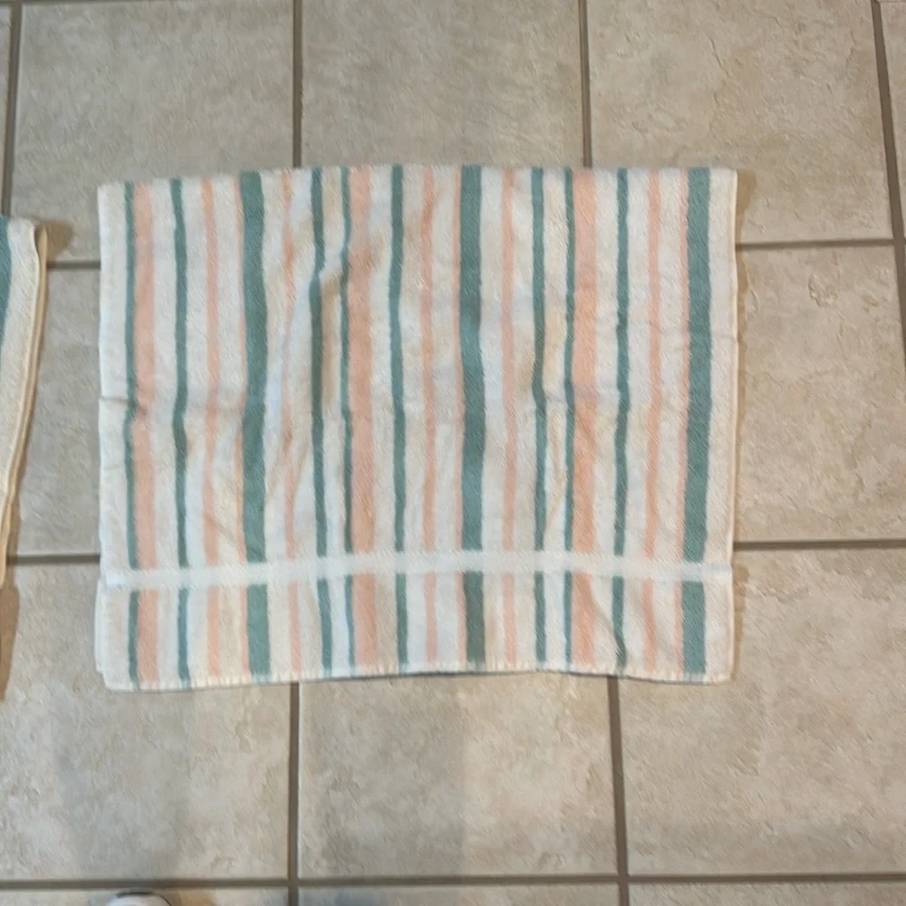 Pair of Caress Striped Vintage Towels in White, Peach, and Teal Cotton
